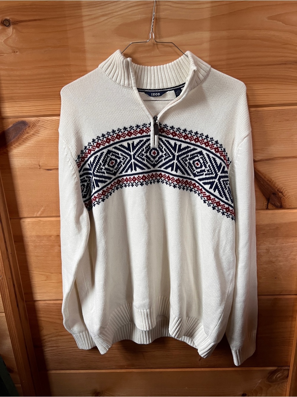 Izod Cream Half-Zip Sweater with Navy and Red Fair Isle Yoke